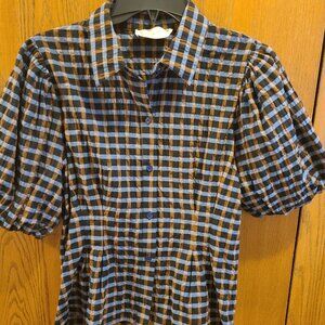 Seersucker Button Down Poofy Sleeves Top LG